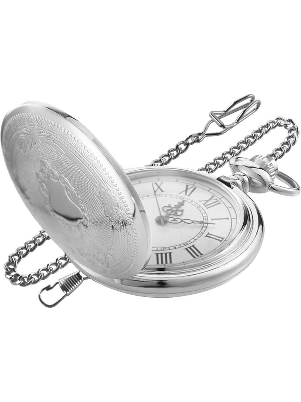 Men's Silver Analog Quartz Flower Arabic Numerals Movement Chain Pocket Watch
